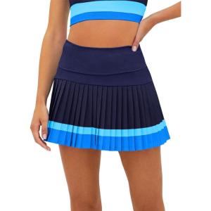 Fisoew Women’s High Waisted Tennis Skirts Color Block Pleated Athletic Golf Skorts with Built in Shorts Dark Blue