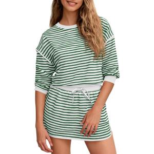 Fisoew Womens Striped 2 Piece Outfits Crewneck Workout Sets High Waist Skort Set Long Sleeve Matching Sets Women Clothing(Green)