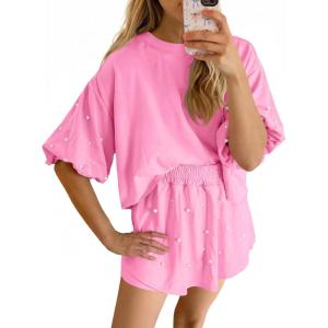 Fisoew Womens Summer Lounge Shorts Sets 2 Piece Outfits Decor Pearl Short Puff Sleeve Sweatshirt Skort Skirt Tracksuits(Pink)