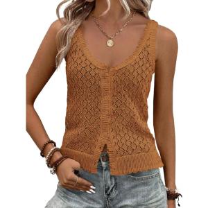 Fisoew Womens Sweater Tank Tops Summer Sleeveless Crochet Cardigan Button Down Boho Knit Going Out Vest Tops(Brown)