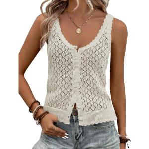 Fisoew Womens Sweater Tank Tops Summer Sleeveless Crochet Cardigan Button Down Boho Knit Going Out Vest Tops(Grey)