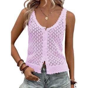 Fisoew Womens Sweater Tank Tops Summer Sleeveless Crochet Cardigan Button Down Boho Knit Going Out Vest Tops(Light Purple)