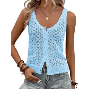 Fisoew Womens Sweater Tank Tops Summer Sleeveless Crochet Cardigan Button Down Boho Knit Going Out Vest Tops(Sky Blue)