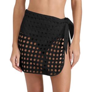 Fisoew Womens Swimsuit Coverup Skirt Tie Waist Hollow Out Short Sarong Mini Wrap Skirts Pareo Swimwear Bikini Cover Ups(Black)