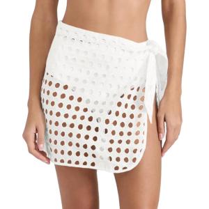 Fisoew Womens Swimsuit Coverup Skirt Tie Waist Hollow Out Short Sarong Mini Wrap Skirts Pareo Swimwear Bikini Cover Ups(White)