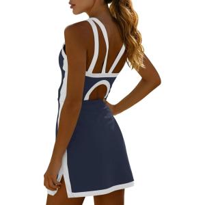 Fisoew Womens Tennis Mini Dress with Built-in Shorts & Bra Open Back Sleeveless Golf Gym Workout Tank Dresses Navy