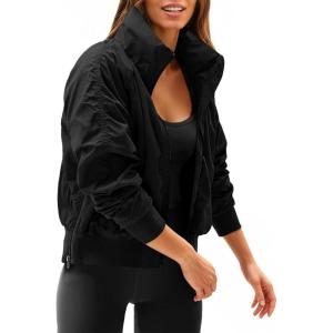 Fisoew Womens Windbreaker Crop Jackets Long Sleeve Zip Up Hidden Hooded Winter Bomber Jacket with Pockets(Black)