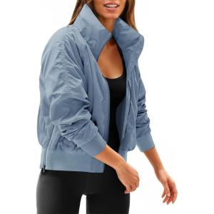 Fisoew Womens Windbreaker Crop Jackets Long Sleeve Zip Up Hidden Hooded Winter Bomber Jacket with Pockets(Bluish Grey)
