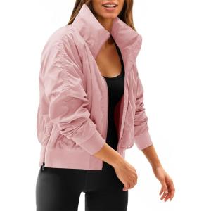 Fisoew Womens Windbreaker Crop Jackets Long Sleeve Zip Up Hidden Hooded Winter Bomber Jacket with Pockets(Pink)