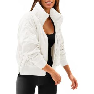Fisoew Womens Windbreaker Crop Jackets Long Sleeve Zip Up Hidden Hooded Winter Bomber Jacket with Pockets(White)