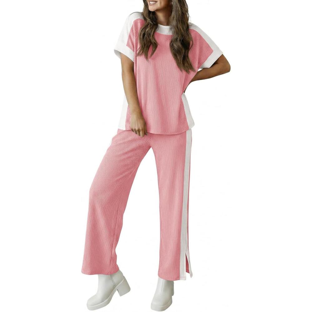 image:imageFisoew Womens 2 Piece Lounge Sets Summer Textured Short Sleeve Tops Wide Leg Pants Casual Loose Travel Outfits TracksuitPink