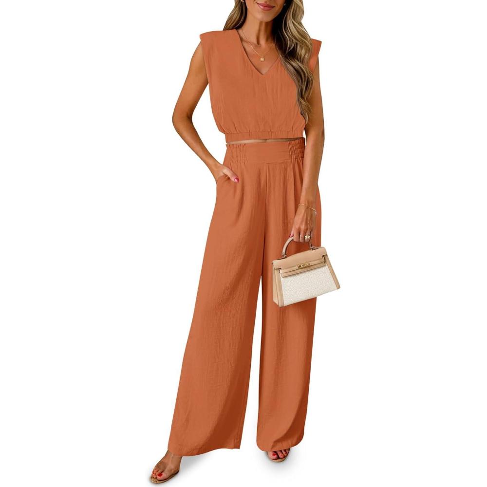 image:imageFisoew Womens 2 Piece Outfits Summer Linen Lounge Sets Sleeveless v Neck Crop Top Wide Leg Pants Vacation Beach SetCaramel