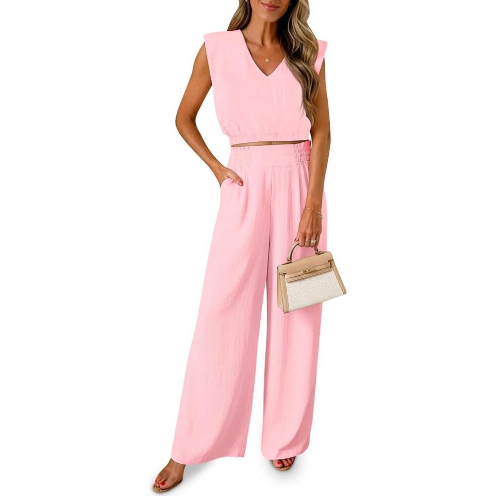 image:imageFisoew Womens 2 Piece Outfits Summer Linen Lounge Sets Sleeveless v Neck Crop Top Wide Leg Pants Vacation Beach SetPink