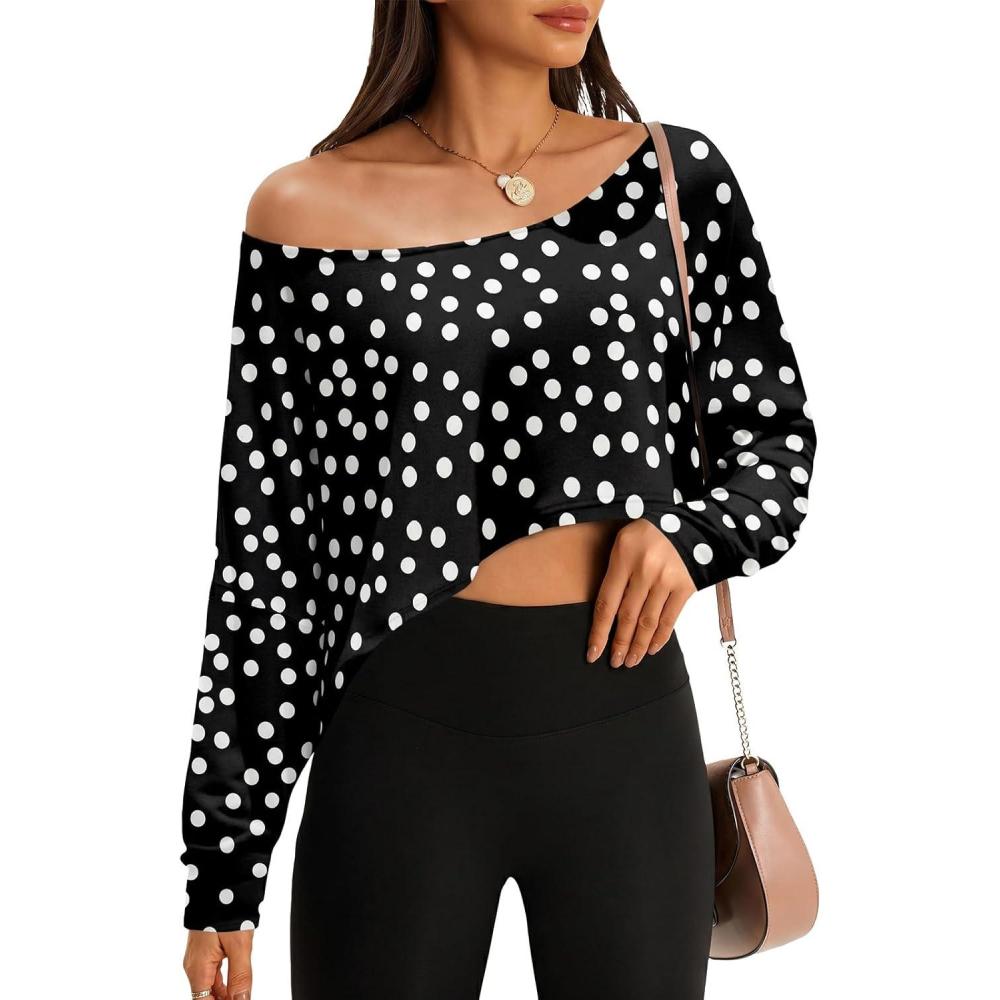 image:imageFisoew Womens Off The Shoulder Cropped Tops Batwing Long Sleeve Loose Fit Summer Boat Neck Workout T ShirtsBlack1