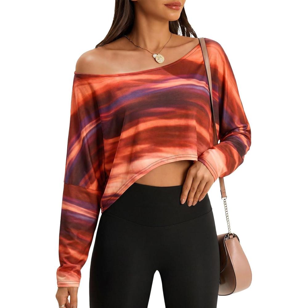 image:imageFisoew Womens Off The Shoulder Cropped Tops Batwing Long Sleeve Loose Fit Summer Boat Neck Workout T ShirtsBrown1