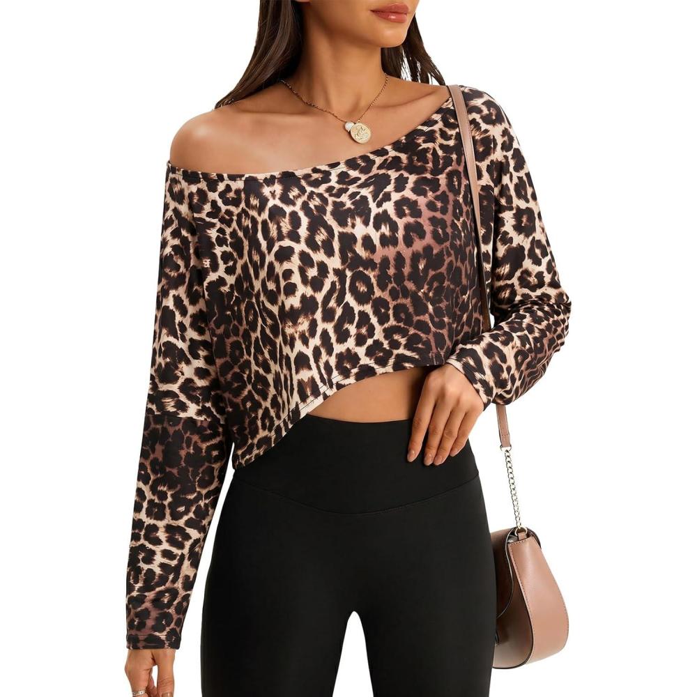 image:imageFisoew Womens Off The Shoulder Cropped Tops Batwing Long Sleeve Loose Fit Summer Boat Neck Workout T ShirtsLeopard1