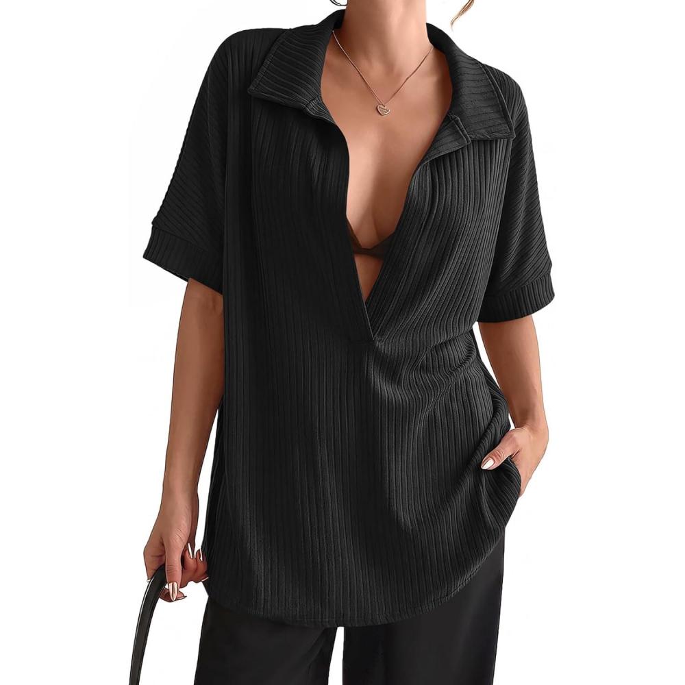 image:imageFisoew Womens Oversized Deep V Neck Shirts Casual Collared Short Sleeve Ribbed Knit Pullover Tops SweatshirtsBlack