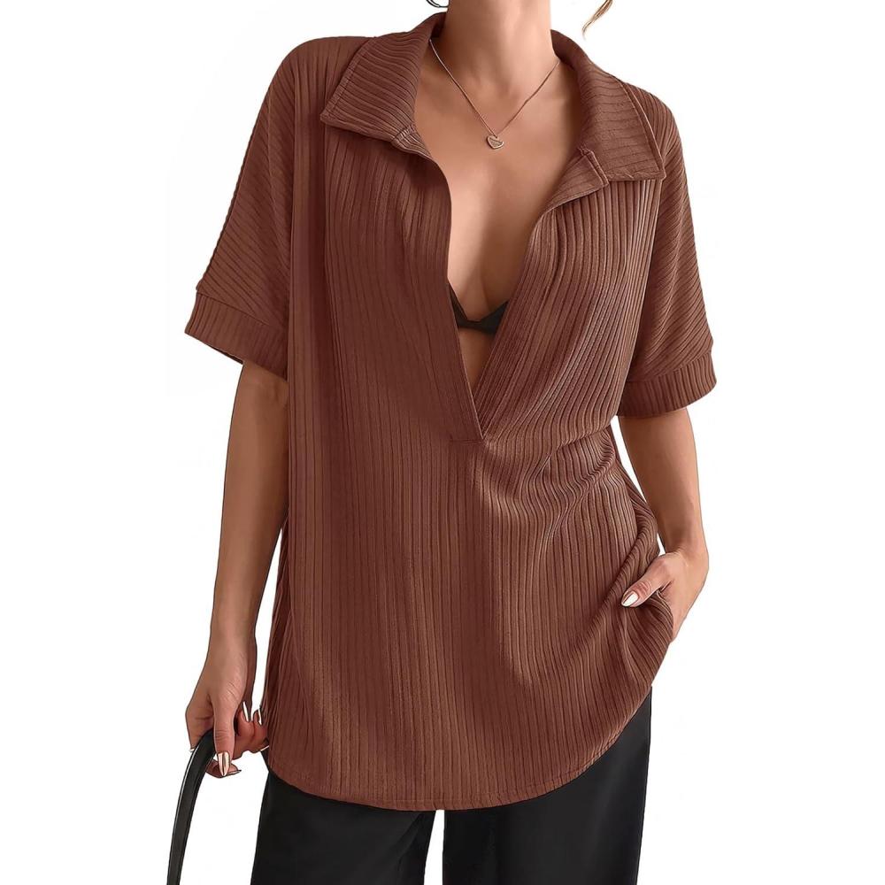 image:imageFisoew Womens Oversized Deep V Neck Shirts Casual Collared Short Sleeve Ribbed Knit Pullover Tops SweatshirtsBrown