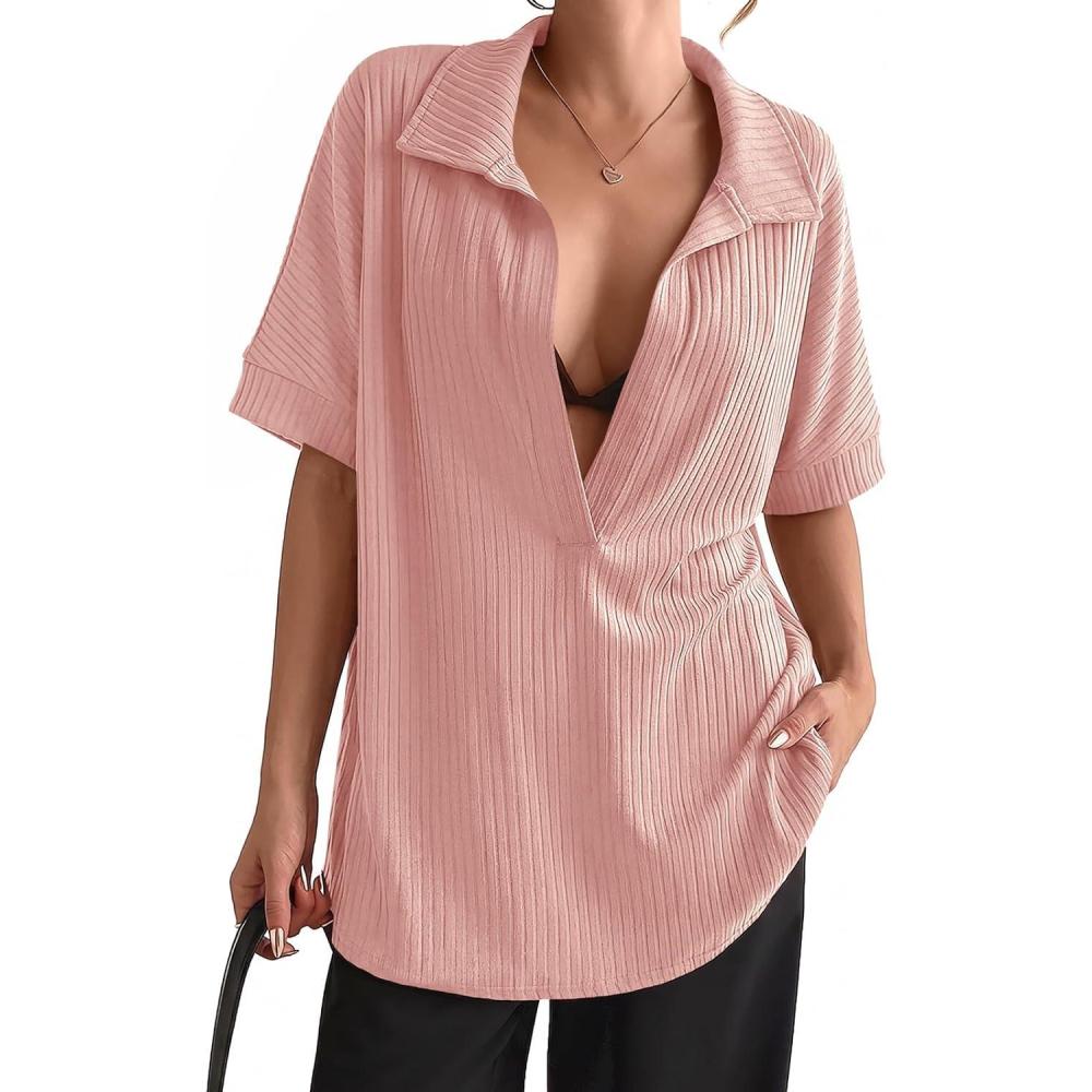 image:imageFisoew Womens Oversized Deep V Neck Shirts Casual Collared Short Sleeve Ribbed Knit Pullover Tops SweatshirtsPink