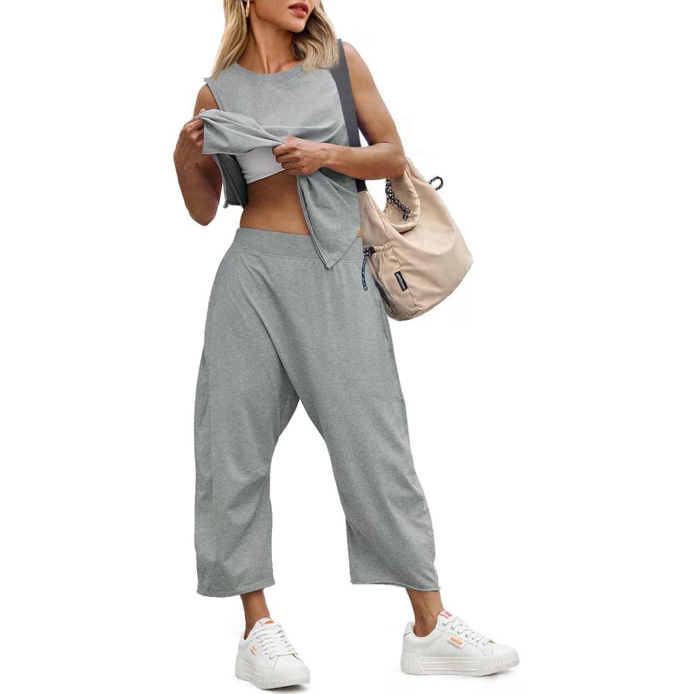 image:imageFisoew Womens Summer 2 Piece Outfits Sleeveless Tank Tops Wide Leg Pocketed Pants Workout Sweat Sets