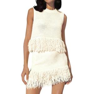 Fisoew Womens 2 Piece Crochet Outfits Sleeveless Knit Sweater Tops Fringe Skirts Summer Vacation Sets Beach Cover Ups(Beige)