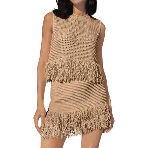 Fisoew Womens 2 Piece Crochet Outfits Sleeveless Knit Sweater Tops Fringe Skirts Summer Vacation Sets Beach Cover Ups(Khaki)