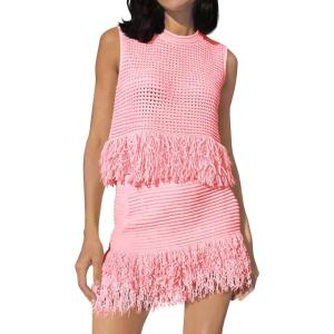 Fisoew Womens 2 Piece Crochet Outfits Sleeveless Knit Sweater Tops Fringe Skirts Summer Vacation Sets Beach Cover Ups(Pink)