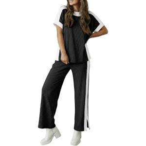 Fisoew Womens 2 Piece Lounge Sets Summer Textured Short Sleeve Tops Wide Leg Pants Casual Loose Travel Outfits Tracksuit(Black)