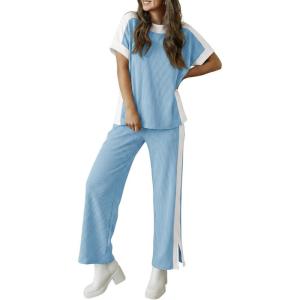 Fisoew Womens 2 Piece Lounge Sets Summer Textured Short Sleeve Tops Wide Leg Pants Casual Loose Travel Outfits Tracksuit(Blue)