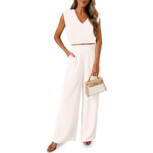 Fisoew Women’s 2 Piece Outfits Summer Linen Lounge Sets Sleeveless v Neck Crop Top Wide Leg Pants Vacation Beach Set(Beige)
