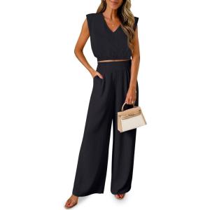 Fisoew Women’s 2 Piece Outfits Summer Linen Lounge Sets Sleeveless v Neck Crop Top Wide Leg Pants Vacation Beach Set(Black)