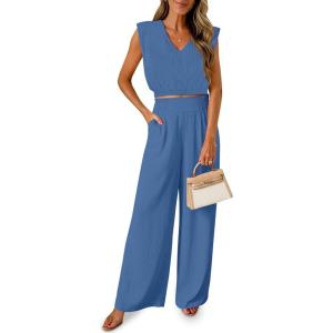 Fisoew Women’s 2 Piece Outfits Summer Linen Lounge Sets Sleeveless v Neck Crop Top Wide Leg Pants Vacation Beach Set(Navy)