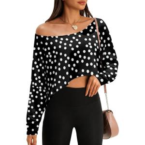 Fisoew Womens Off The Shoulder Cropped Tops Batwing Long Sleeve Loose Fit Summer Boat Neck Workout T Shirts(Black-1)