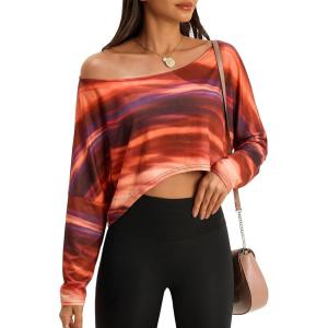 Fisoew Womens Off The Shoulder Cropped Tops Batwing Long Sleeve Loose Fit Summer Boat Neck Workout T Shirts(Brown-1)