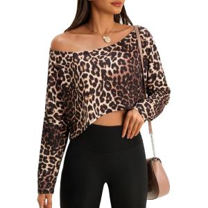 Fisoew Womens Off The Shoulder Cropped Tops Batwing Long Sleeve Loose Fit Summer Boat Neck Workout T Shirts(Leopard-1)