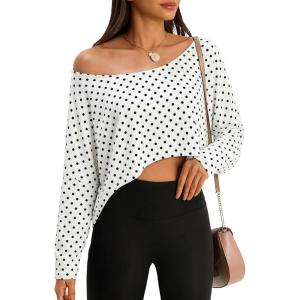 Fisoew Womens Off The Shoulder Cropped Tops Batwing Long Sleeve Loose Fit Summer Boat Neck Workout T Shirts(White-1)