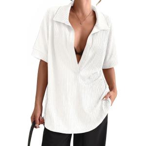 Fisoew Womens Oversized Deep V Neck Shirts Casual Collared Short Sleeve Ribbed Knit Pullover Tops Sweatshirts(White)