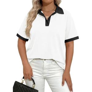 Fisoew Womens Plus Size Summer Tops Collared V Neck Polo Shirts Casual Short Sleeve Color Block Tee Loose Tunic(White)