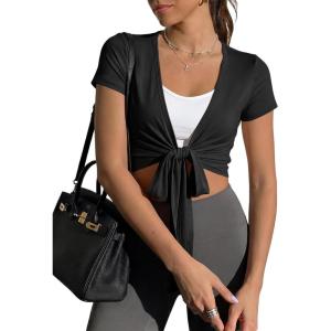 Fisoew Womens Wrap Tie Tops Short Sleeve Ballet Pilates Yoga Crop Shirts Y2k Workout Deep V Neck Casual Wrap Tops Black