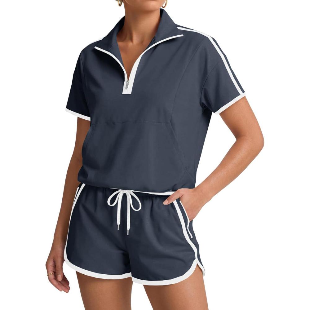 image:imageFisoew Womens 2 Piece Outfits Zip V Neck Short Sleeve Pullover Tops Casual Shorts Tennis Running Tracksuits Short SetsNavy