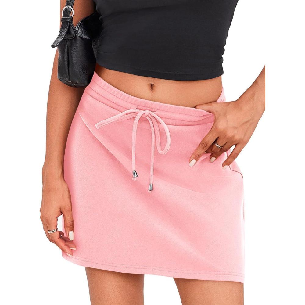 image:imageFisoew Womens Casual Mini Skirt Drawstring Summer High Waist Bodycon Workout Short Pencil SkirtPink