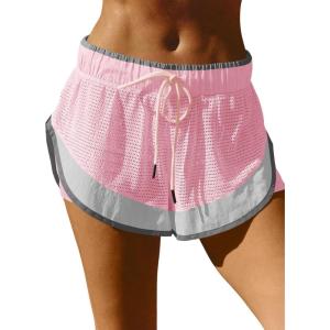 Fisoew Women Athletic Shorts 2 in 1 Running High Split Color Block Workout Yoga Mesh Shorts Pocket Drawstring(Pink)
