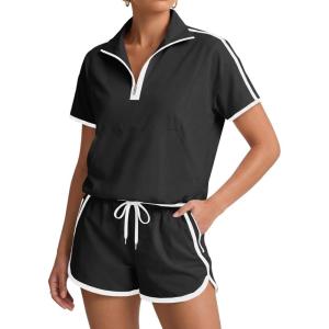 Fisoew Womens 2 Piece Outfits Zip V Neck Short Sleeve Pullover Tops Casual Shorts Tennis Running Tracksuits Short Sets(Black)