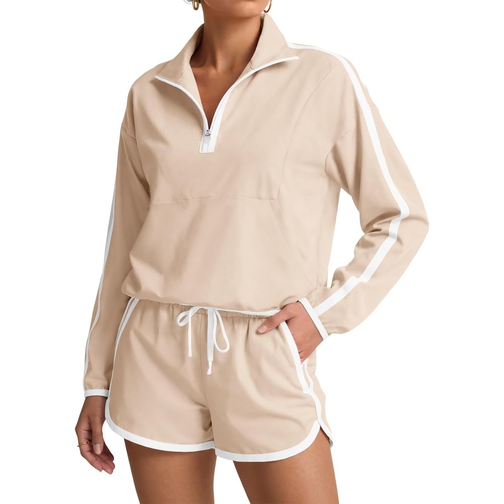image:imageFisoew Womens 2 Piece Outfits UPF 50 Lightweight Windbreaker Jacket Athletic Short Sets Outdoor Tennis Running TracksuitsKhaki