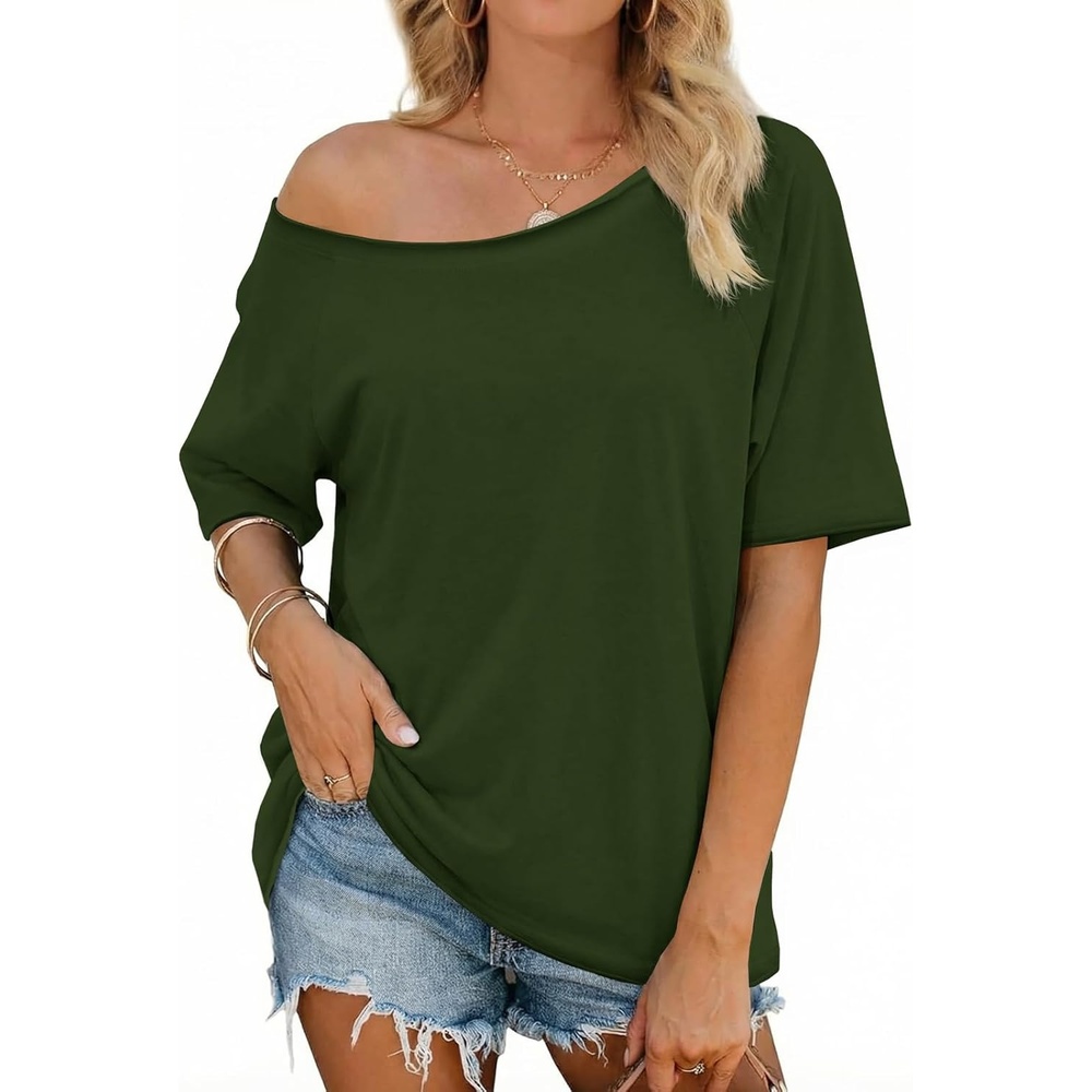 image:imageFisoew Womens Off The Shoulder Tops Oversized Short Sleeve TShirts 2026 Summer Spring Casual Fashion Tees Army Green