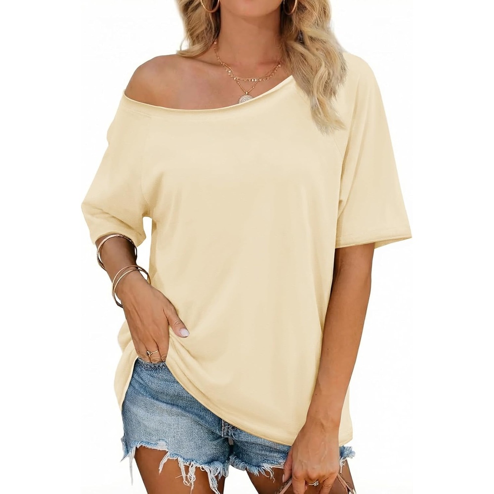 image:imageFisoew Womens Off The Shoulder Tops Oversized Short Sleeve TShirts 2026 Summer Spring Casual Fashion Tees Beige