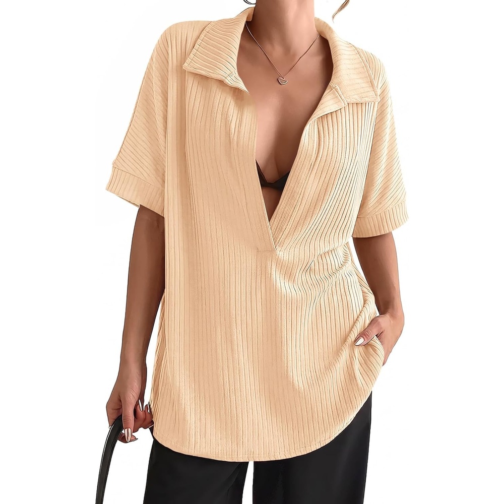 image:imageFisoew Womens Oversized Deep V Neck Sweatshirts Summer Short Sleeve Shirts Casual Ribbed Knit Collared Pullover TopsKhaki