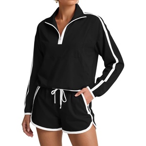 Fisoew Womens 2 Piece Outfits UPF 50+ Lightweight Windbreaker Jacket Athletic Short Sets Outdoor Tennis Running Tracksuits(Black)