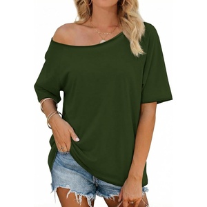 Fisoew Womens Off The Shoulder Tops Oversized Short Sleeve T-Shirts 2026 Summer Spring Casual Fashion Tees Army Green
