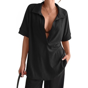 Fisoew Womens Oversized Deep V Neck Sweatshirts Summer Short Sleeve Shirts Casual Ribbed Knit Collared Pullover Tops(Black)
